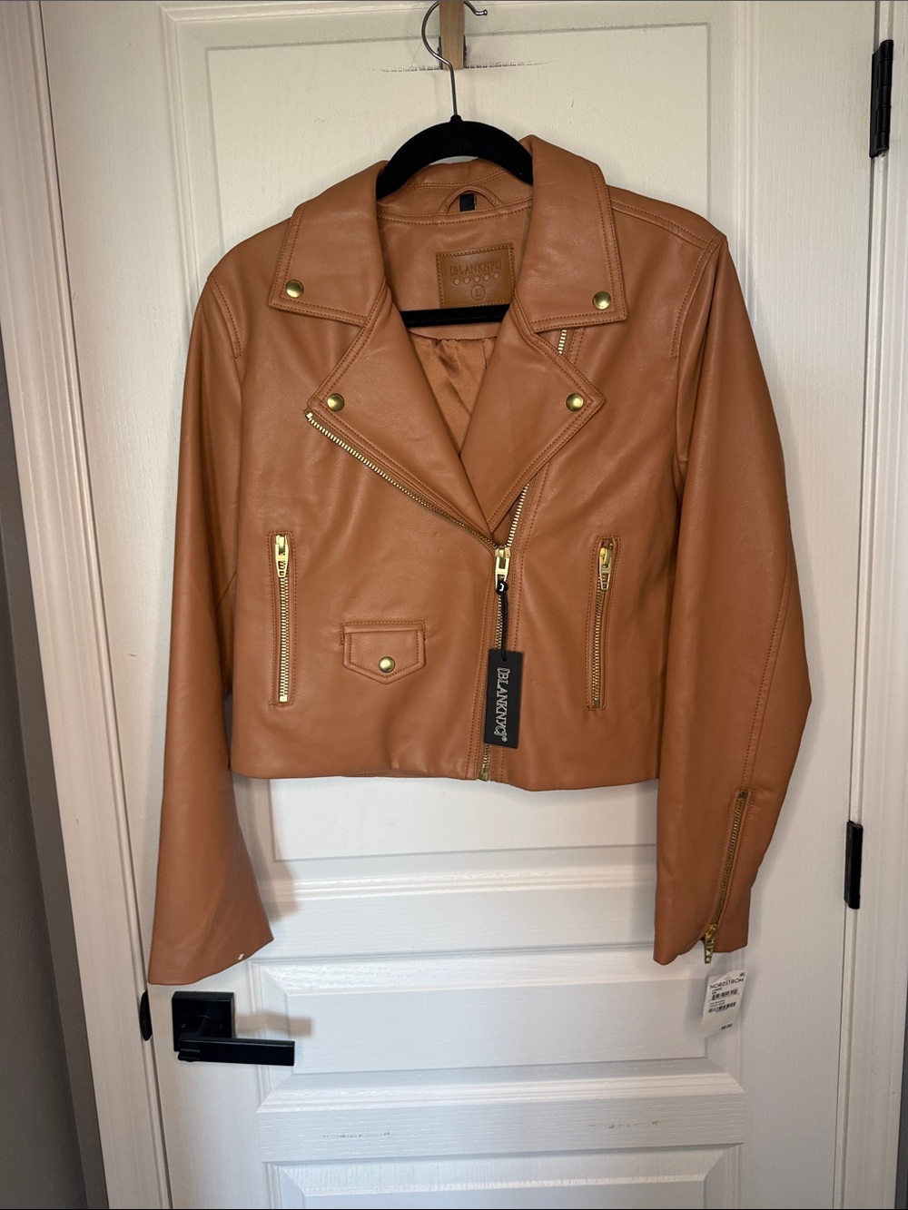 Blank NYC Cognac Faux Leather Moto Jacket with Gold Hardware